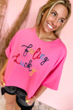 Feeling Lucky Embroidered Letter Graphic Half Sleeve Top