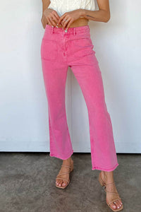 Pink Ankle-length Flare Leg Raw Hem Jeans