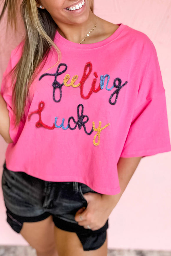 Feeling Lucky Embroidered Letter Graphic Half Sleeve Top