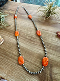 24" Sterling Silver Pearl Necklace with Orange Spiny Oyster