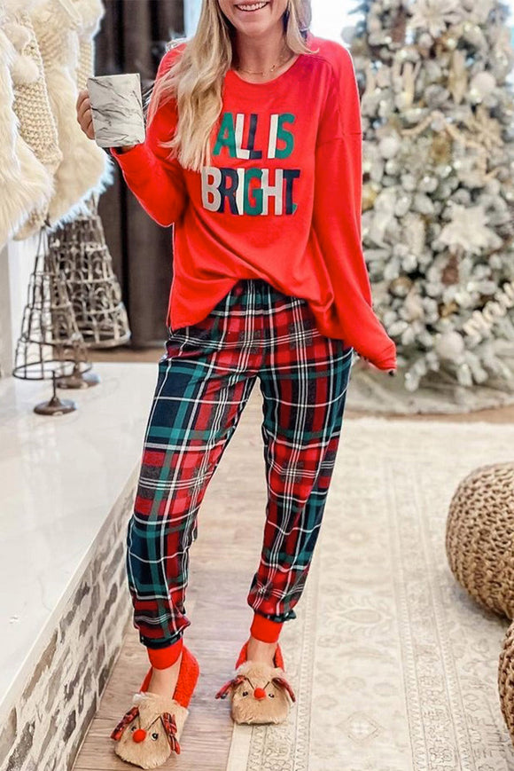 ALL IS BRIGHT Graphic Christmas Plaid Pajamas Set