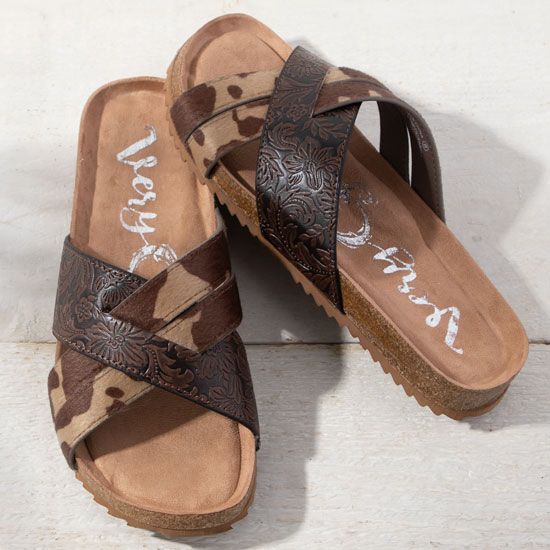 Womens Brown Tooled and Cow Print Slide Sandals