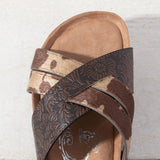 Womens Brown Tooled and Cow Print Slide Sandals