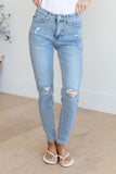 Mid Rise Control Top Distressed Skinny Jeans