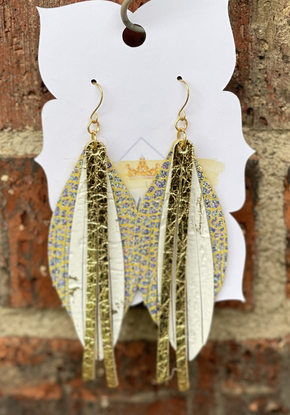 Holographic Crackle, White Wildwood & Gold Fringe Earrings
