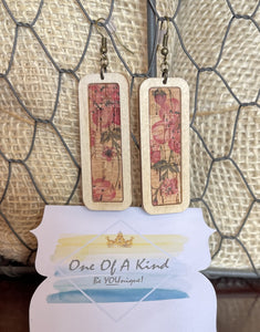 Wood Floral Cork Inset Rectangle Earrings
