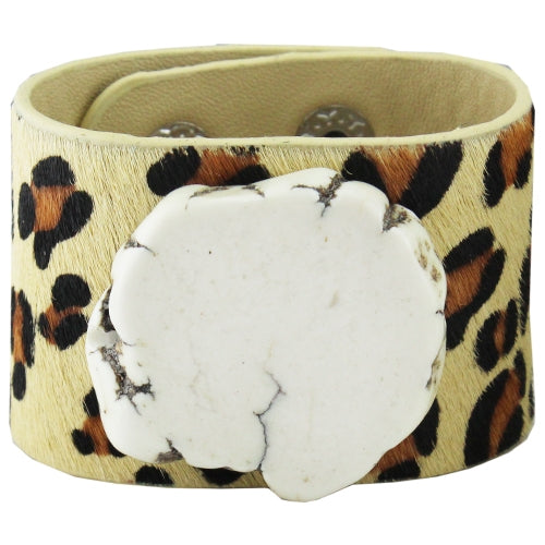 Turquoise White Stone Leather Leopard Hide Cuff Bracelet - ONE OF A KIND