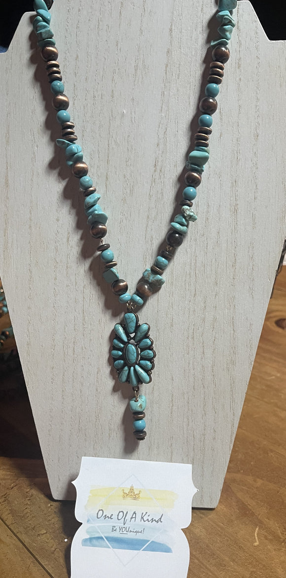 Turquoise and Brown Bead Necklace w/ Squash Blossom Pendant