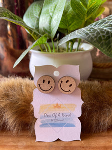 Clip On Wood Smiley Face Stud Earrings