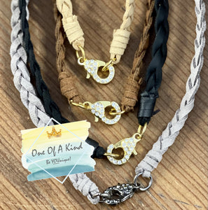 Suede Leather Braided Necklace w/ Pave Diamond Lobster Claw Clasp