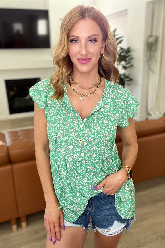 Flirty and Thriving Floral Flutter Sleeve Top in Green
