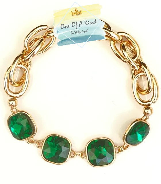 Emerald Cushion Cut Rhinestone and Gold Chain Stretch Bracelet