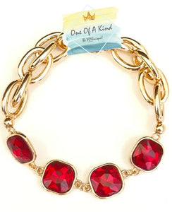 Ruby Cushion Cut Rhinestone and Gold Chain Stretch Bracelet